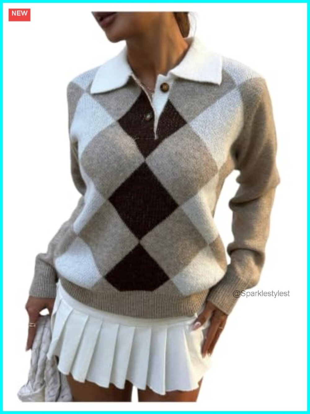 Plaid Button Collared Knit Sweater Long Sleeve Pullover Top